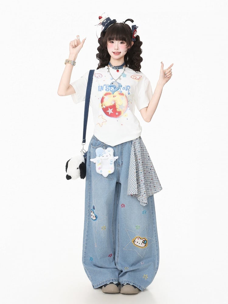 Charcoal Crew-Neck Tee with Star & Apple Graphic - Languid Park