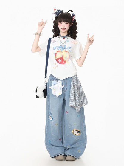 Charcoal Crew-Neck Tee with Star & Apple Graphic - Languid Park