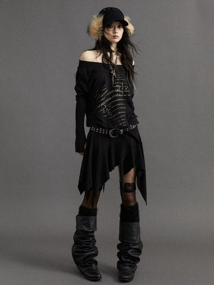 Wasteland Punk – Schwarzes, asymmetrisches Kleid mit Leopardenmuster und Herzmotiv und langen Ärmeln