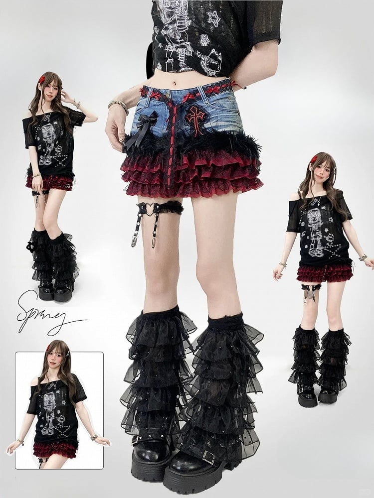 レーススカート ティアード Y2K パッチ コントラストブルー