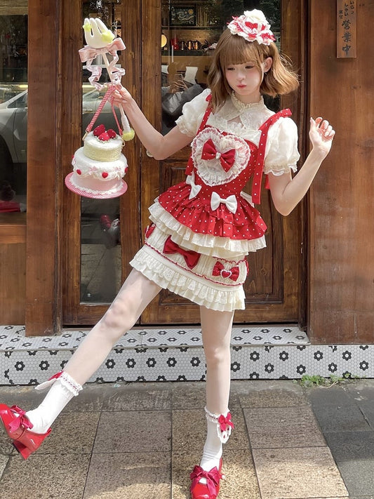 Polka Cami Sleeves Sweet Puff Bow + Accents Skirt Lolita Set Top Cropped Dots Red - Full