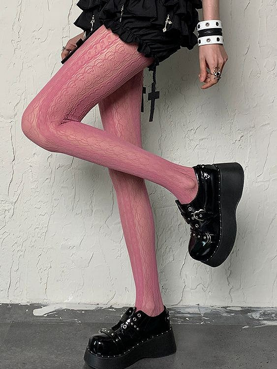 Y2K Hollow-out Rose Tights Pink Striped Design