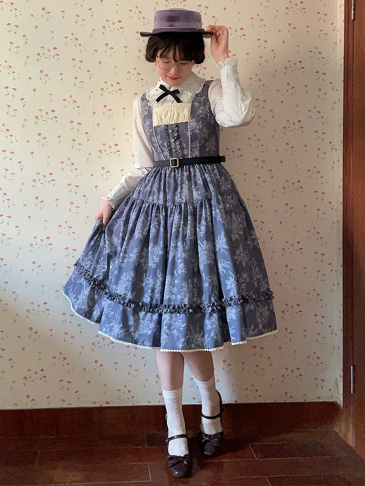 Gray & White Rosette Print Elegant Classic Lolita JSK Dress with Lace Trim