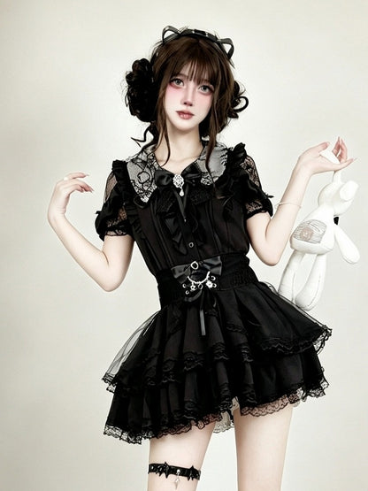 Midnight Lace-Shoulder Ruffle Blouse with Cutout Accents - AMAHAKAWA