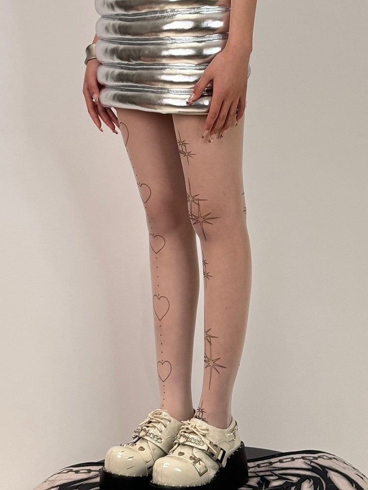 プリントホワイト＆ハートスタータイツ