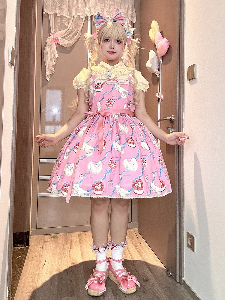 Flauschiger Showa-Pullover, rosa Kätzchen, süßes Lolita-Print, süßes Rockkleid