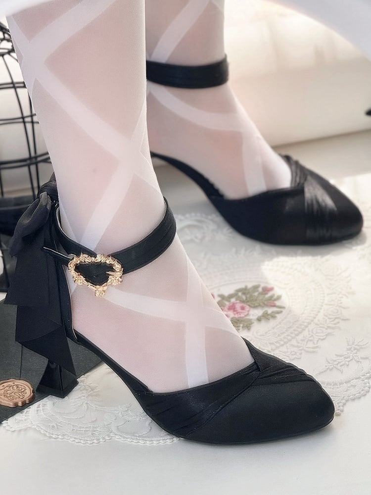Pointed Style Heart for Bow Toe Satin Accent Elegant - Buckle High Black Lolita Heels