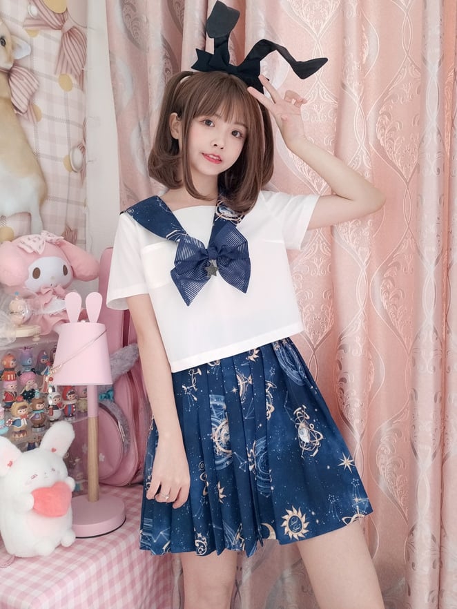 Navy Blue Celestial Globes Print JK Uniform Pleated Skirt