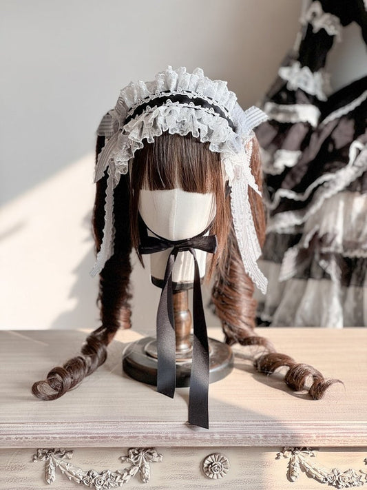 White Black Lolita Hairband Bows Sweet with Lace and Ruffled