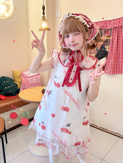 Cherry Print Organza Red Belt Bow Overdress+White Set Dress+Red Pan Slip Peter Collar