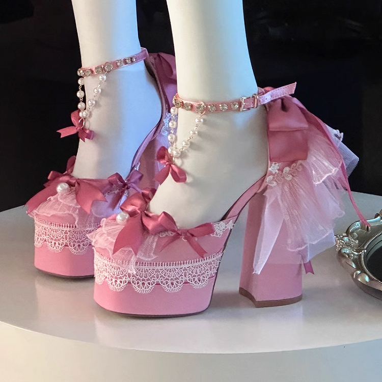 Pink Bows Lace Trim Rhinestone Ankle Strap Block Heel Hime Lolita Shoes with Beaded Chains