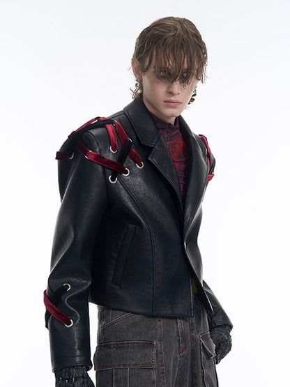 Velvet Jacket Black Cropped Shoulder with Crisscross Pads Straps Men's