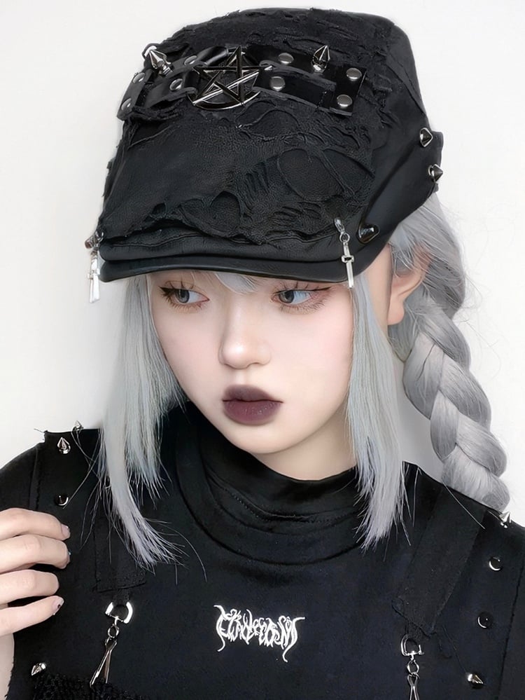 with Punk Hem Distressed Decorations Beret Raw Cross Black
