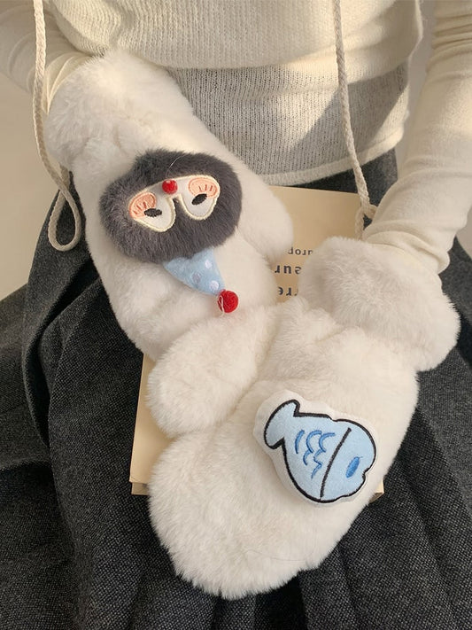 Fish Fur Mittens Penguin Faux White