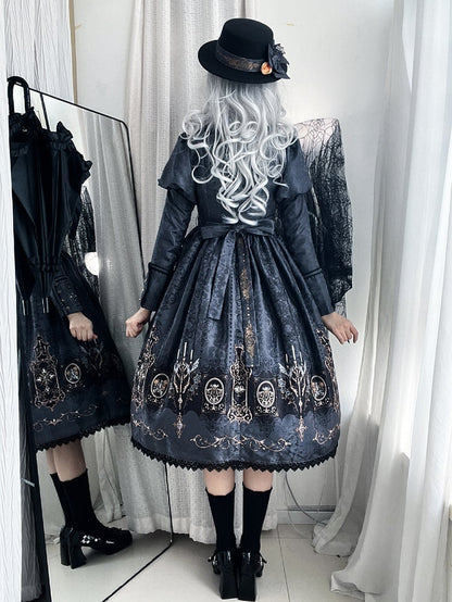 Lolita with Bat Juliette Wings Candelabras Sleeves Print Gray Dress Gothic
