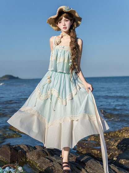 Blue Summer Set: Sleeveless Top, Skirt, Brooch & Hat - With PUJI