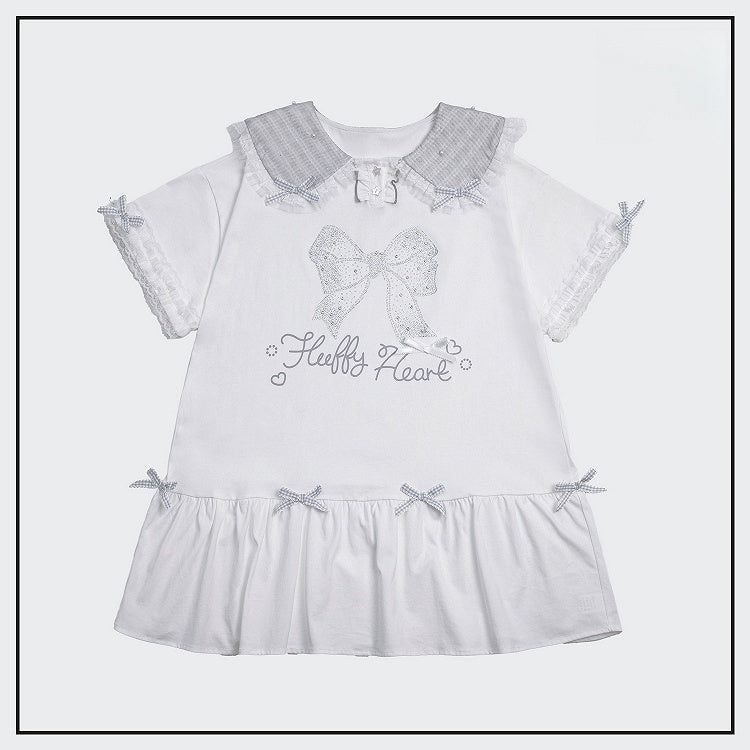 Peter Pan Collar Short Sleeve T-Shirt Dress with Print & Bows - Fluffy Heart