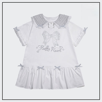 Peter Pan Collar Short Sleeve T-Shirt Dress with Print & Bows - Fluffy Heart