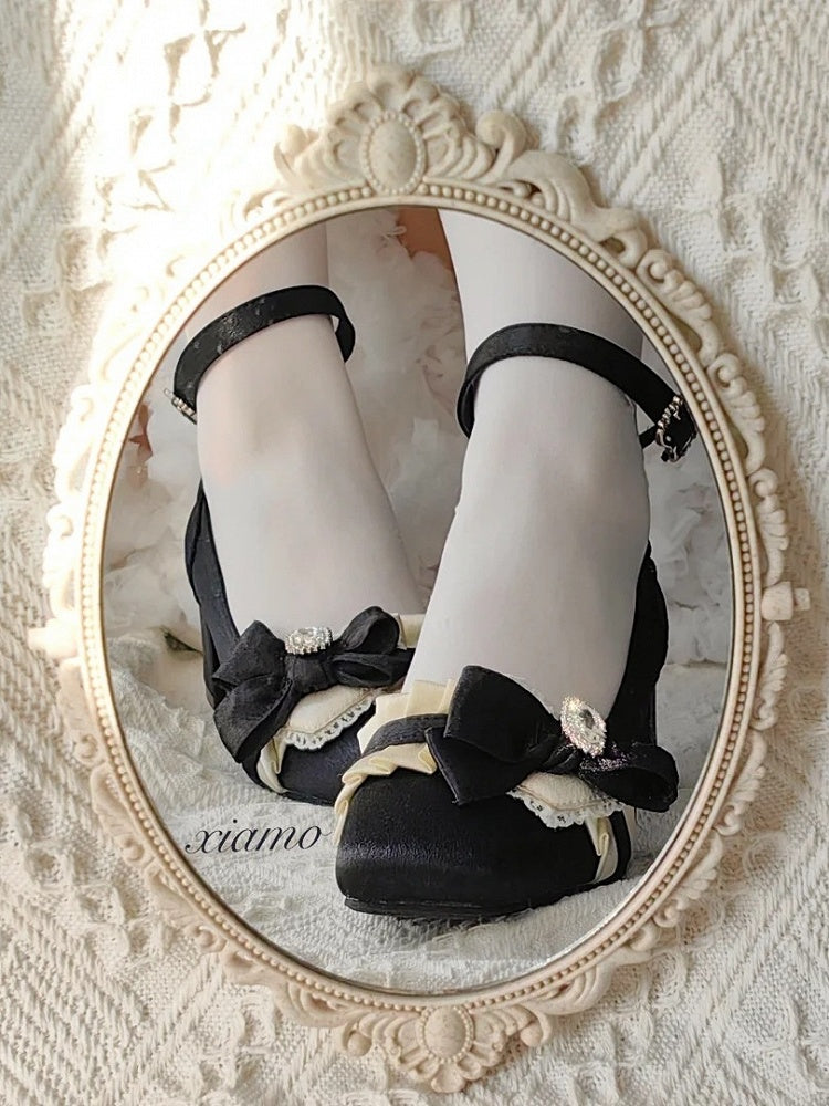 - Lolita Mid Black Heels Sophisticated Square Toe
