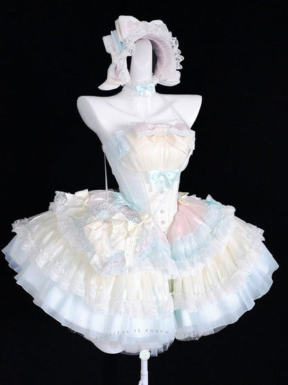 Süßes Lolita-Ballettkleid, blauer gestufter rosa Rock, gelbe Korsett-Taille