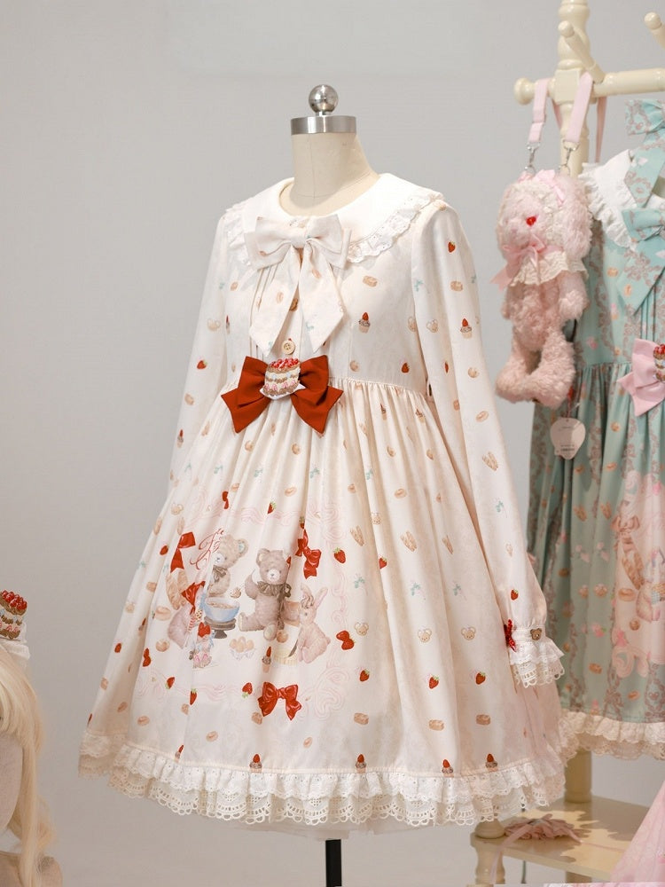 Peter Pan Collar Bear & Cake Print OP Dress with Bow - Honey Village