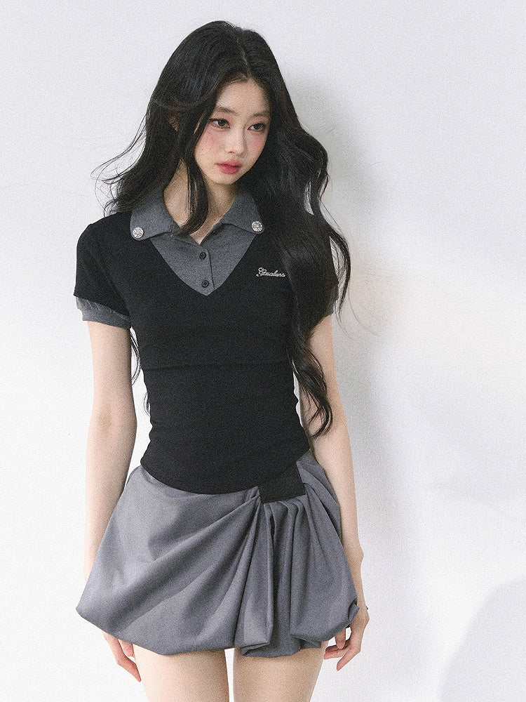 and Gray Polo Collar Preppy Style Faux Two-pieces T-shirt Black