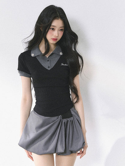 and Gray Polo Collar Preppy Style Faux Two-pieces T-shirt Black