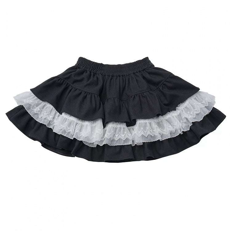 White Skirt Trim Lace Kawaii Elastic Black with Tiered Waistband