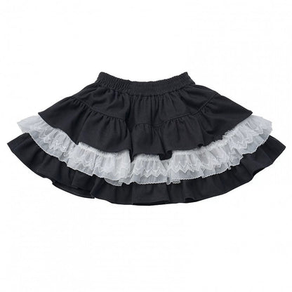 White Skirt Trim Lace Kawaii Elastic Black with Tiered Waistband