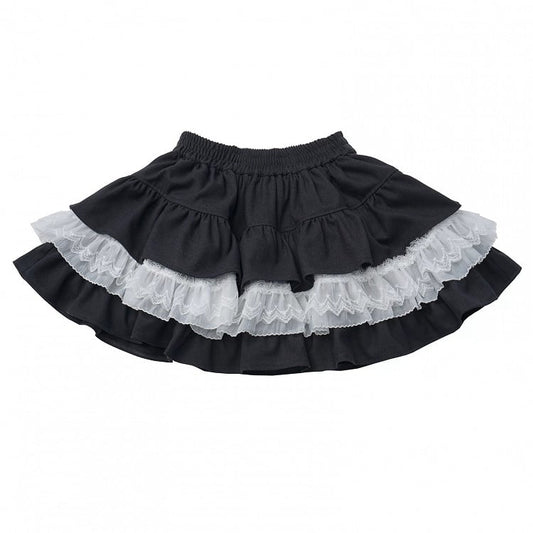 White Skirt Trim Lace Kawaii Elastic Black with Tiered Waistband