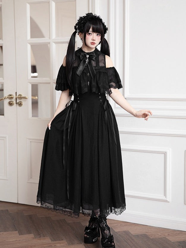 Black/White Lace Cutout Shoulder Jirai Kei Cross Dress - Tan Tuan