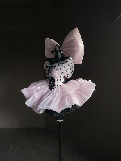 Satin Off-the-Shoulder Dress with and Large Bow Detail Dot Pink Princess Balletcore Polka