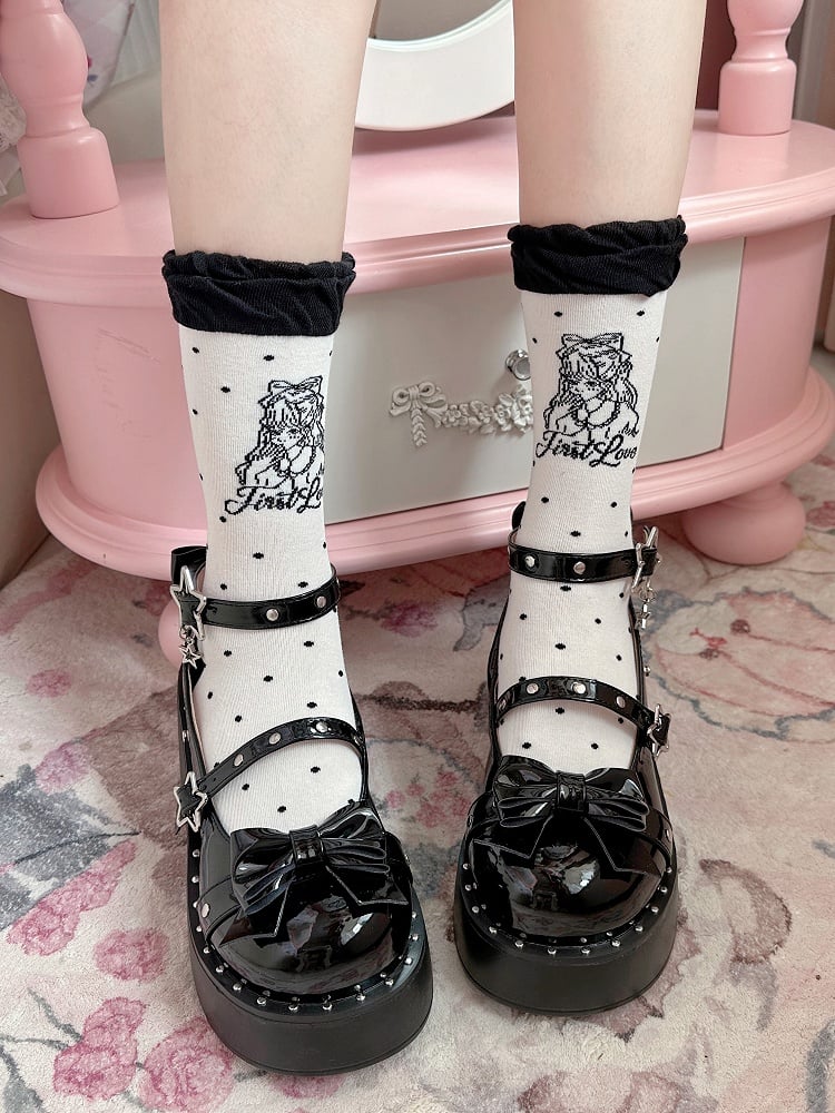 Socks Calf Girl Lolita Pattern Black/Pink Polka-dot Anime