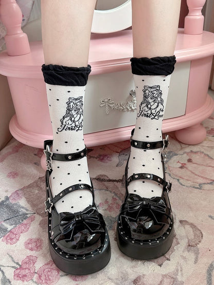 Socks Calf Girl Lolita Pattern Black/Pink Polka-dot Anime