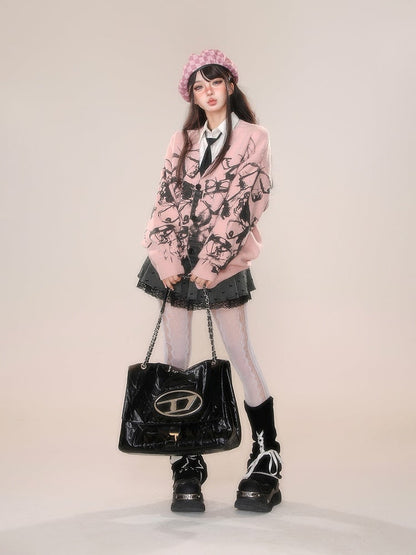 Cardigan mit V-Ausschnitt und Schmetterlings-Graffiti