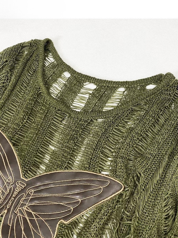 Knitted Applique Long Glamorous Sleeve Protection Butterfly Green Sun Top Bittersweet