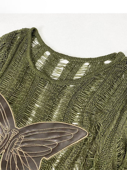 Knitted Applique Long Glamorous Sleeve Protection Butterfly Green Sun Top Bittersweet