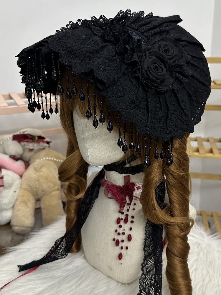 Lolita Bead Gothic Bonnet Trim Teardrop-Shape Lace Charms Black