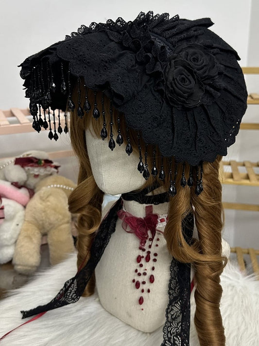 Lolita Bead Gothic Bonnet Trim Teardrop-Shape Lace Charms Black