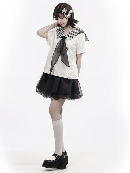 White Gingham Peter Pan Collar Tee with Cartoon Print - PINK SAVIOR