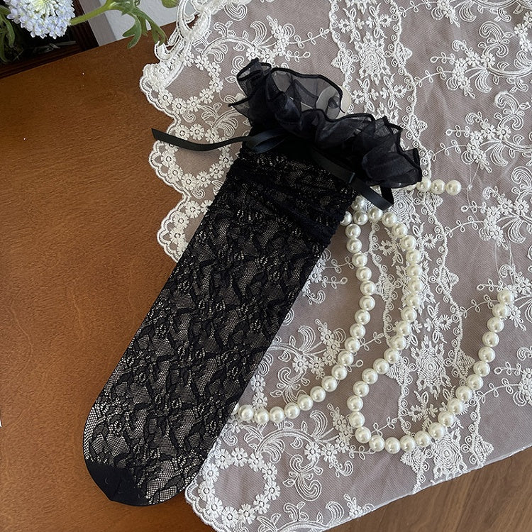 Underknee Trim Stockings Yellow/White Bowknot Lace Hollow-out Details Black/Light