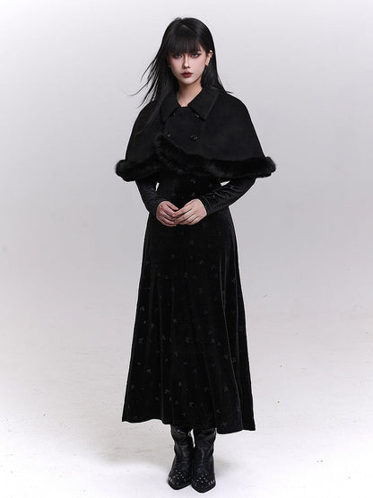Black Double-Breasted Cape with Plush Trim