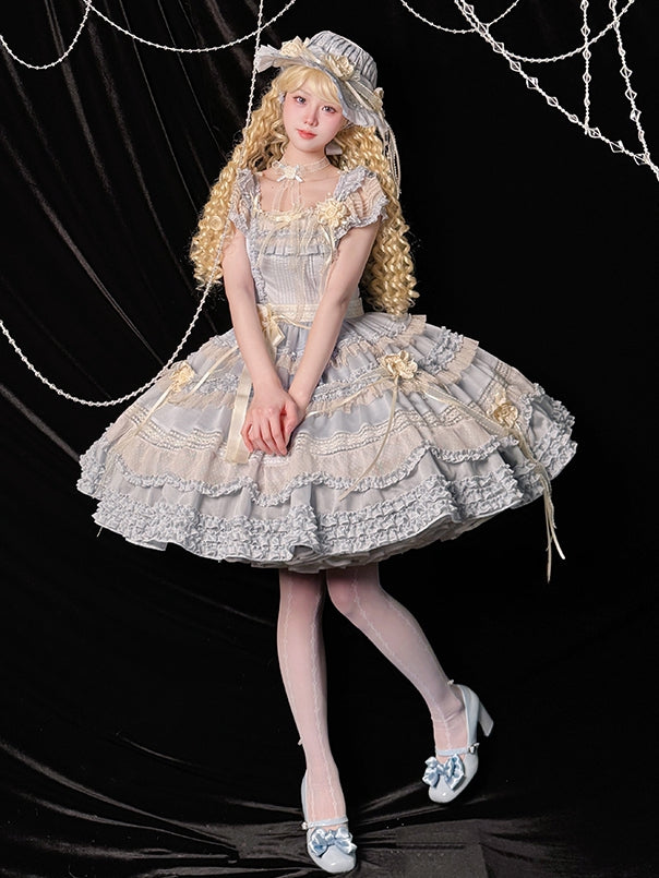 エレガントなトリムプリーツフリルクラシックロリータドレスブルーの詳細と