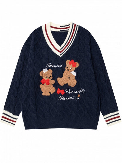 クリスマス ネイビーブルー ジンジャーブレッドベア アップリケ Vネック ソフトセーター
