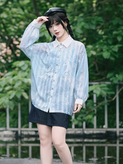 Blue Loose Sun Protection Chiffon Long Sleeve Shirt with Deer Print - Quirky Hut