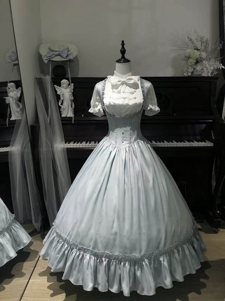 Light Blue Satin Basque Waist Under Bust Elegant Lolita JSK - Alice in Wonderland Lolita