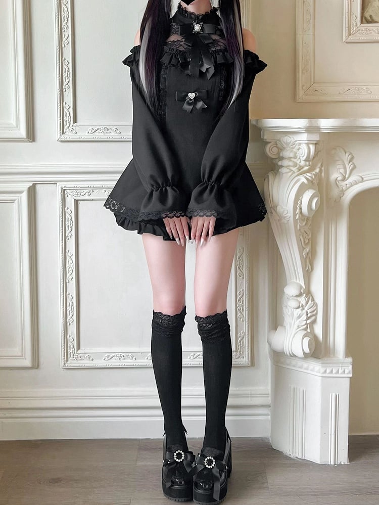 ジライケイイリュージョンフリルショーツ付きミニブラックスカート、カットアウトショルダードレス、ヘムネックラインセット