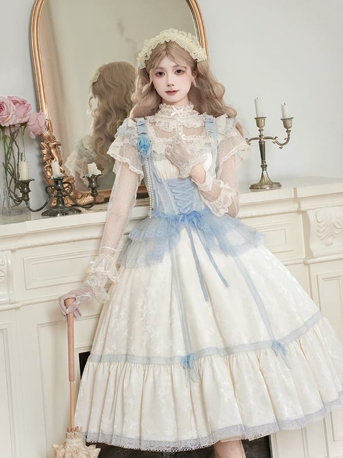Neckline Blue Waist Full and Beige Lolita Versatile Fit JSK Set Light Slim