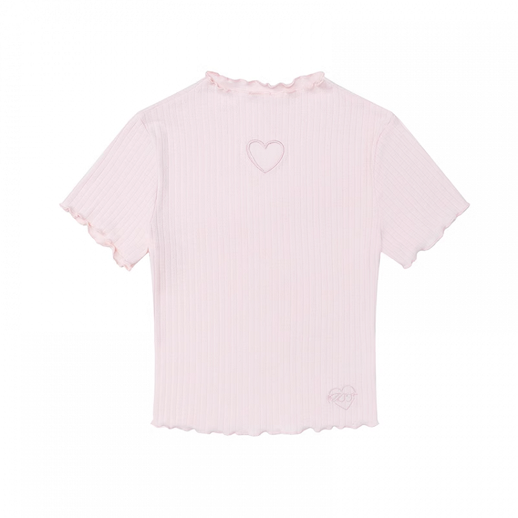 Heart-shaped Cutout Lettuce Hem T-Shirt Pink Mock Neck