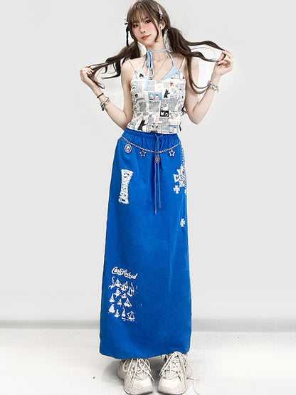 新聞プリントのキャミソールトップ（ブルー）グラマラス